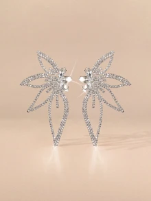 Etoivie 1 par de elegantes pendientes de botón con hojas y flores de strass, joyería de moda para fiestas, San Valentín, mamá, madre, Día de la Madre, regalo de Halloween - Plateado - Ver 5