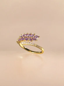 Etoivie 1pc Zirconia Double Row Open Ring, Suitable For Everyday Wear - Gold + Purple - View 1
