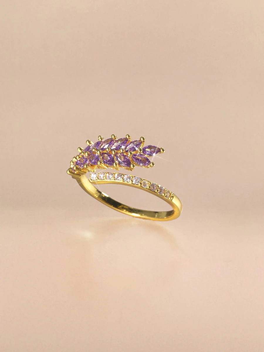 Etoivie 1pc Zirconia Double Row Open Ring, Suitable For Everyday Wear - Gold + Purple - View 1