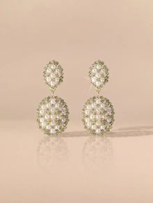 Etoivie 1 par de elegantes pendientes colgantes de perlas sintéticas, pendientes de moda con colgante de racimo de cristal, joyería artificial hipoalergénica - Pendientes de perlas ovaladas - Ver 1
