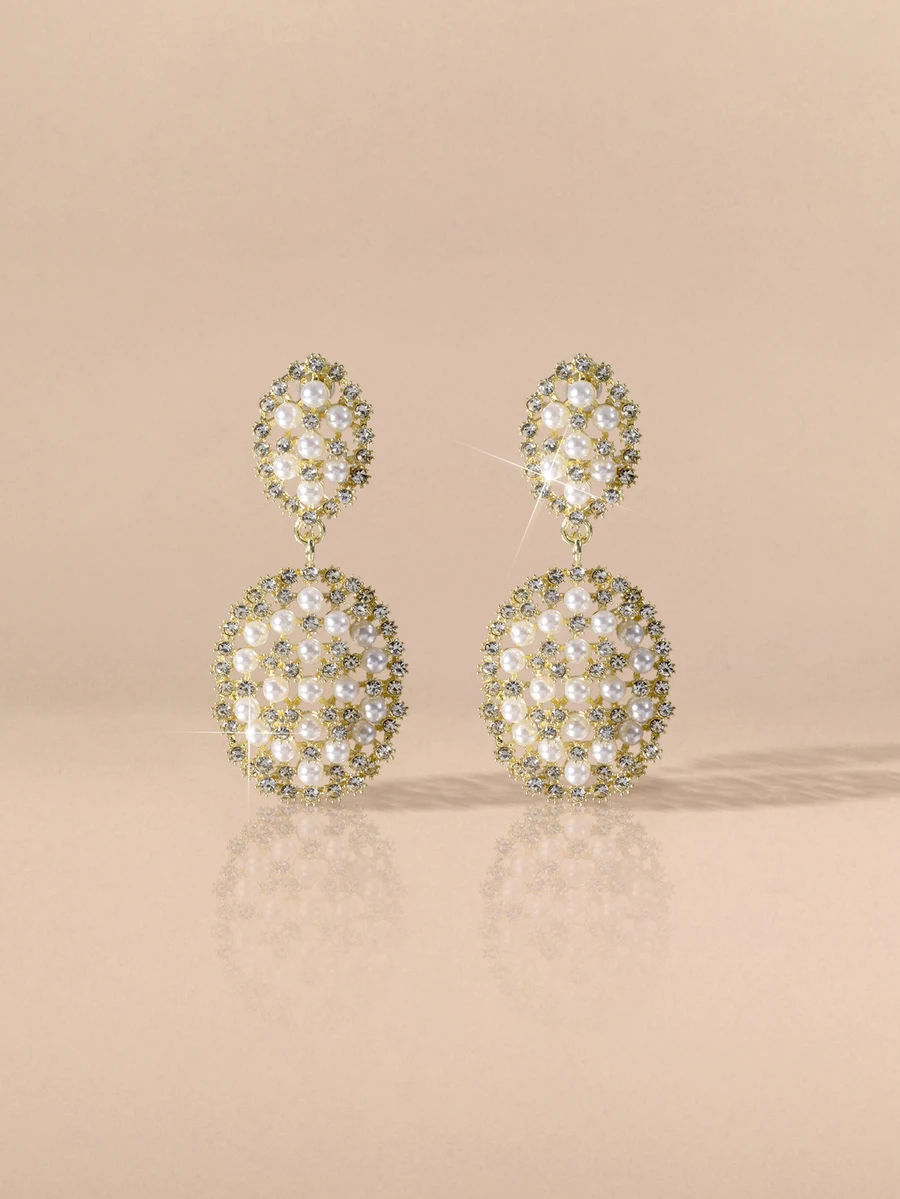 Etoivie 1 par de elegantes pendientes colgantes de perlas sintéticas, pendientes de moda con colgante de racimo de cristal, joyería artificial hipoalergénica - Pendientes de perlas ovaladas - Ver 1