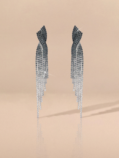 Etoivie 1pair Bling Crystal Long Tassel Drop Earrings For Women, Everyday Wear