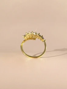 Etoivie 1pc Zirconia Double Row Open Ring, Suitable For Everyday Wear - Gold + Purple - View 2