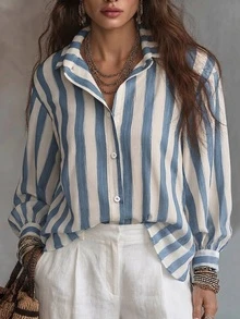 Women's Autumn Blue & White Striped Print Lapel Long Sleeve Blouse, Loose Lantern Sleeve Lightweight Textured Shirt, Relaxed Commute Vacation Versatile Top - Blue - View 5