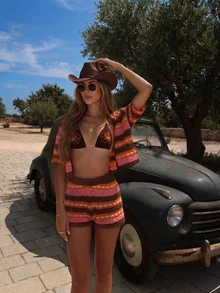 Spring/Summer Y2K Multi-Color Striped Crochet 2-Piece Set, Cropped Top & High-Waisted Wrap Shorts, Casual Street Style For Daily Wear And Vacation - Multicolor - View 3