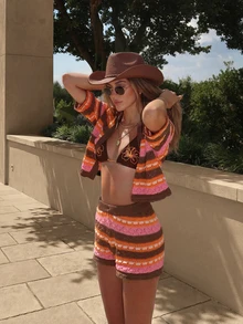 Spring/Summer Y2K Multi-Color Striped Crochet 2-Piece Set, Cropped Top & High-Waisted Wrap Shorts, Casual Street Style For Daily Wear And Vacation - Multicolor - View 2
