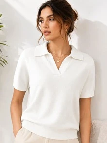 女款羅紋針織 Polo 領短袖上衣，柔軟彈性基礎針織毛衣，白色，度假夏季款 - 白色 - 查看 3