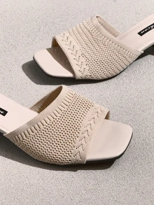 NobleVue Nuevas sandalias de tacón alto casuales de moda, de tela de punto color beige, con diseño de punta abierta y punta cuadrada, tacón grueso, transpirables, sandalias de verano - Beis - Ver 4