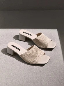 NobleVue Nuevas sandalias de tacón alto casuales de moda, de tela de punto color beige, con diseño de punta abierta y punta cuadrada, tacón grueso, transpirables, sandalias de verano - Beis - Ver 1