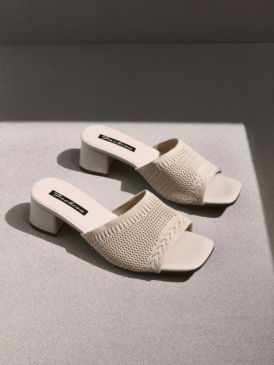 NobleVue Nuevas sandalias de tacón alto casuales de moda, de tela de punto color beige, con diseño de punta abierta y punta cuadrada, tacón grueso, transpirables, sandalias de verano - Beis - Ver 1