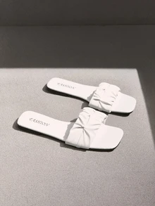 NobleVue New Pleated Ruffle Square Toe Casual Flip Flops, Flat Holiday Style Sandals - White - View 1
