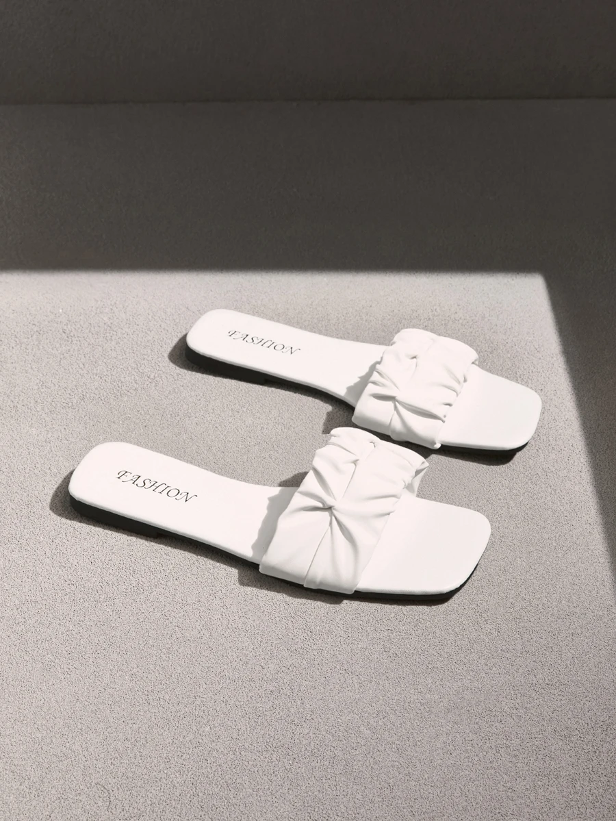 NobleVue New Pleated Ruffle Square Toe Casual Flip Flops, Flat Holiday Style Sandals - White - View 1