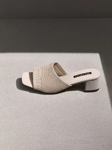 NobleVue Nuevas sandalias de tacón alto casuales de moda, de tela de punto color beige, con diseño de punta abierta y punta cuadrada, tacón grueso, transpirables, sandalias de verano - Beis - Ver 2