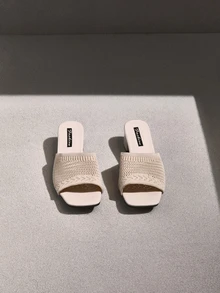 NobleVue Nuevas sandalias de tacón alto casuales de moda, de tela de punto color beige, con diseño de punta abierta y punta cuadrada, tacón grueso, transpirables, sandalias de verano - Beis - Ver 3