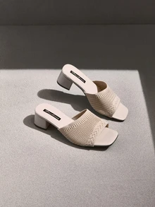 NobleVue Nuevas sandalias de tacón alto casuales de moda, de tela de punto color beige, con diseño de punta abierta y punta cuadrada, tacón grueso, transpirables, sandalias de verano - Beis - Ver 5