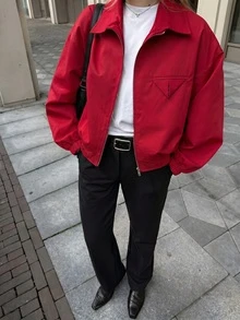 Women's Fashion Street Style Casual Red Turn-Down Collar Flight Jacket Coat, All Seasons - Red - View 3