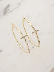 Clariva 1 Pair Cross Hoop Earrings, Suitable For Daily Wear - Yellow Gold - View 2