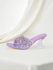 Clariva Chinelo feminino de verão com salto alto, decorado com lantejoulas e cristais roxos, sandálias de salto alto com cristais da moda. - Roxo - Visão 2