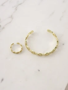 Clariva 2 Stücke Mode asymmetrisches Schmuckset aus kubischem Zirkonia mit Ring und Armband - Gold - Übersicht 1