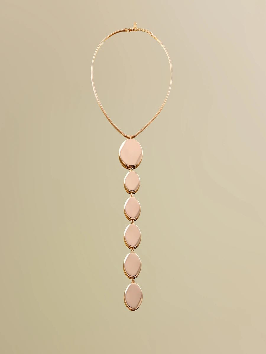 NobleVue 2pcs Gold Metallic Geometric Asymmetrical Ellipse Pendant Necklace & Earrings Set - Yellow Gold - View 1