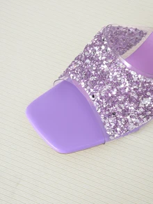 Clariva Chinelo feminino de verão com salto alto, decorado com lantejoulas e cristais roxos, sandálias de salto alto com cristais da moda. - Roxo - Visão 4
