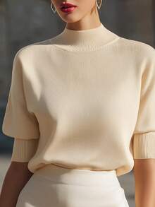 Women's Crew Neck Solid Color Off-Shoulder Short Sleeve Loose Casual Knit Top, Minimalist Elegant French Style, Fashionable Versatile Essential For Daily, Commute And Vacation Outfits Summer - Champagne - View 2
