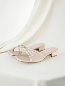 Clariva Summer New Soft Leather Square Toe Sandals, Mesh Breathable Bowknot Chunky Heel Slides, Versatile Thick Heel Slippers - Beige - View 1