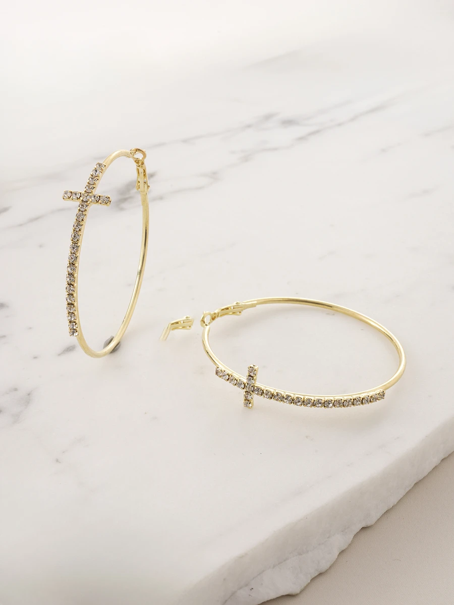 Clariva 1 Pair Cross Hoop Earrings, Suitable For Daily Wear - Yellow Gold - View 1
