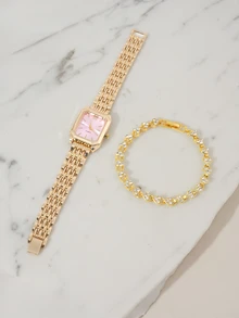 Clariva 2pcs Ladies' Quartz Watch Bracelet Jewelry Set Elegant Luxury Minimalist Dial For Daily Wear Or Day Valentine's Day - Pink - View 2
