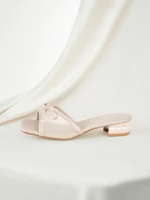 Clariva Summer New Soft Leather Square Toe Sandals, Mesh Breathable Bowknot Chunky Heel Slides, Versatile Thick Heel Slippers - Beige - View 2