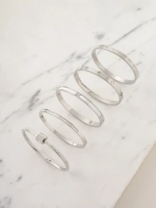 Clariva 5pcs/Set Minimalist Elegant Luxury Sparkling Star Bangle Bracelets, High-End Titanium Steel Bracelets For Women - Silver 1 - View 1