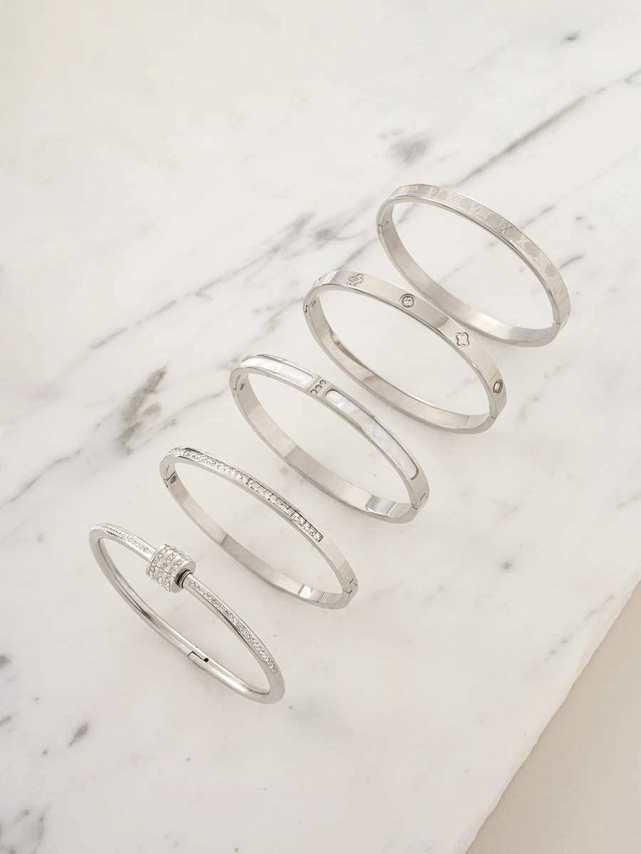 Clariva 5pcs/Set Minimalist Elegant Luxury Sparkling Star Bangle Bracelets, High-End Titanium Steel Bracelets For Women - Silver 1 - View 1