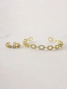 Clariva 2 Stücke Mode asymmetrisches Schmuckset aus kubischem Zirkonia mit Ring und Armband - Gold - Übersicht 4