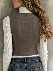 Women's Brown Herringbone Tweed Sleeveless V-Neck Vest Top, Versatile For Autumn/Winter, Suitable For Daily Wear - Brown - View 2