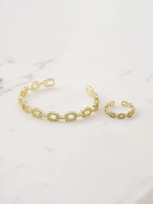 Clariva 2 Stücke Mode asymmetrisches Schmuckset aus kubischem Zirkonia mit Ring und Armband - Gold - Übersicht 2