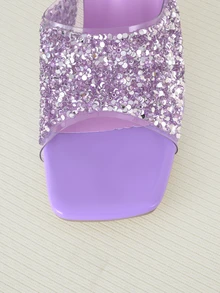 Clariva Chinelo feminino de verão com salto alto, decorado com lantejoulas e cristais roxos, sandálias de salto alto com cristais da moda. - Roxo - Visão 3