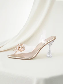 Clariva Spring/Summer 2025 New Fashion Crystal Rhinestones Bow-Knot Pointy Toe Transparent Stiletto High Heel Sandals For Women - Gold - View 2