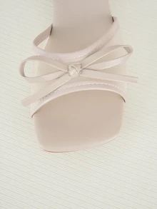 Clariva Summer New Soft Leather Square Toe Sandals, Mesh Breathable Bowknot Chunky Heel Slides, Versatile Thick Heel Slippers - Beige - View 3