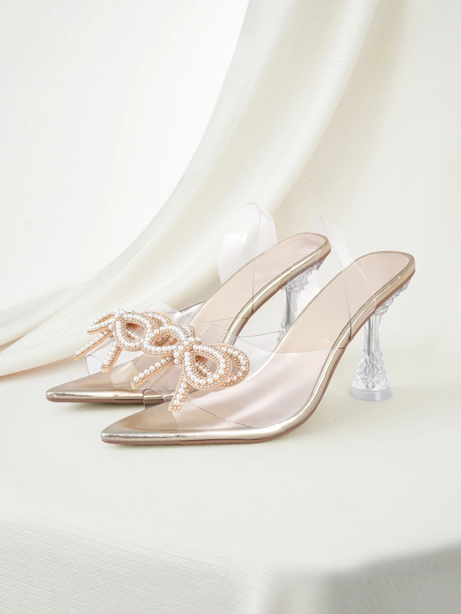 Clariva Spring/Summer 2025 New Fashion Crystal Rhinestones Bow-Knot Pointy Toe Transparent Stiletto High Heel Sandals For Women - Gold - View 1