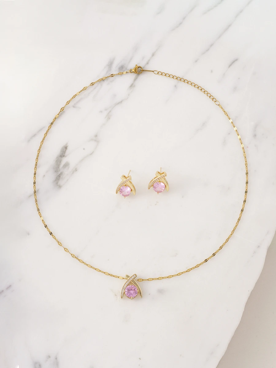 Clariva 1 Set Of Stainless Steel Chain Necklace & Earrings, Luxury Full Rhinestone Pink Personalized Party Jewelry Gift Set, Without Gift Box - Pink - View 1