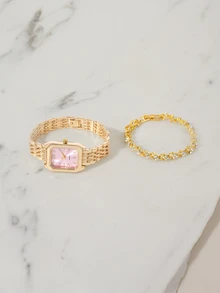 Clariva 2pcs Ladies' Quartz Watch Bracelet Jewelry Set Elegant Luxury Minimalist Dial For Daily Wear Or Day Valentine's Day - Pink - View 1