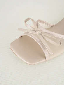 Clariva Summer New Soft Leather Square Toe Sandals, Mesh Breathable Bowknot Chunky Heel Slides, Versatile Thick Heel Slippers - Beige - View 4