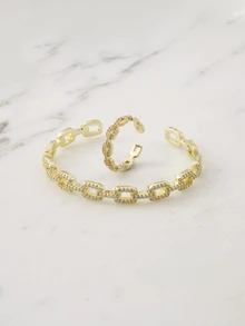 Clariva 2 Stücke Mode asymmetrisches Schmuckset aus kubischem Zirkonia mit Ring und Armband - Gold - Übersicht 5