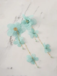Clariva 1 Pair Women's Elegant Fabric Flower Long Earrings, Suitable For Daily Wear (Bead Color Random) - Light Blue - View 1