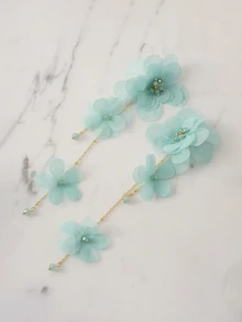 Clariva 1 Pair Women's Elegant Fabric Flower Long Earrings, Suitable For Daily Wear (Bead Color Random) - Light Blue - View 4