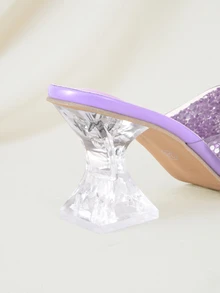 Clariva Chinelo feminino de verão com salto alto, decorado com lantejoulas e cristais roxos, sandálias de salto alto com cristais da moda. - Roxo - Visão 5
