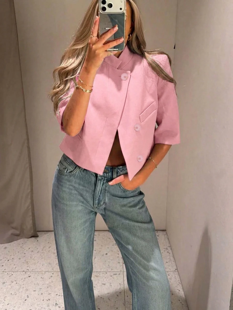 Women's Regular Fit Short Blazer, Short Sleeve Business Suit Jacket, Suitable For Spring/Summer Graduation Season Pink