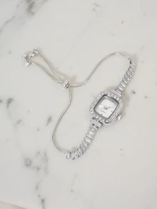 Clariva 1pc Women's Silver Tone Cubic Zirconia Embellished Adjustable Bracelet Watch With Square Alloy Case, Rhinestone Accented Minimalist Dial - Silver - View 5