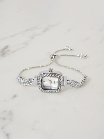 Clariva 1pc Women's Silver Tone Cubic Zirconia Embellished Adjustable Bracelet Watch With Square Alloy Case, Rhinestone Accented Minimalist Dial