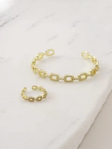 Clariva 2 Stücke Mode asymmetrisches Schmuckset aus kubischem Zirkonia mit Ring und Armband - Gold - Übersicht 3